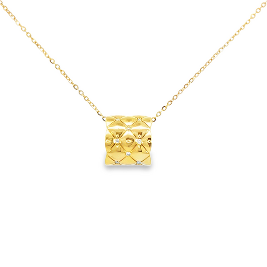 18K Yellow Gold  Diamond Pleated Barrel Pendant Necklace 0.06Ctw