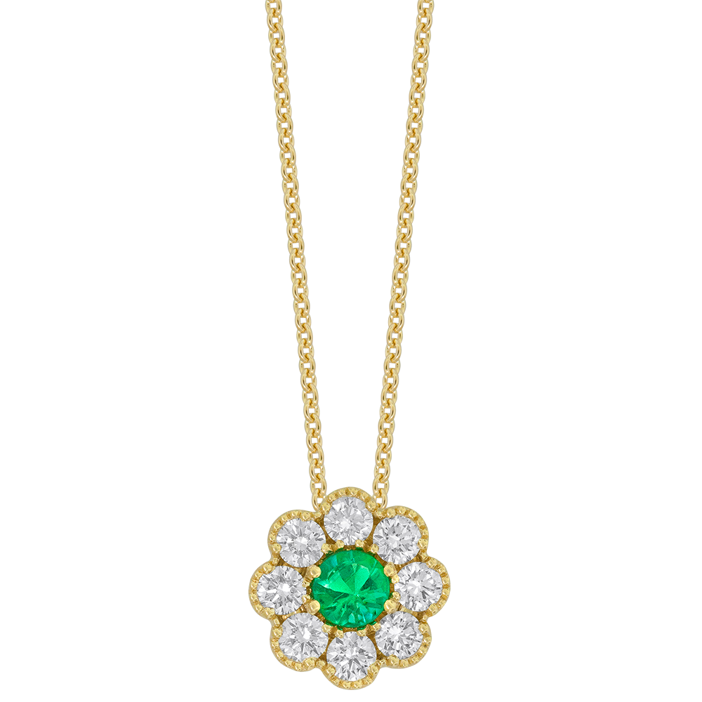 18k yellow gold diamond and emerald floral pendant 0.94ct