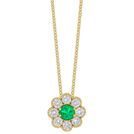 18k yellow gold diamond and emerald floral pendant 0.94ct