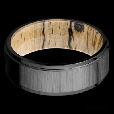 8 mm wide Flat Grooved Edges Zirconium band featuring a Spalted Tamarind sleeve.