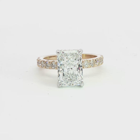 Custom 14K Yellow Gold Radiant 1/2 Way Engagement Ring With White Gold Hidden Halo Head