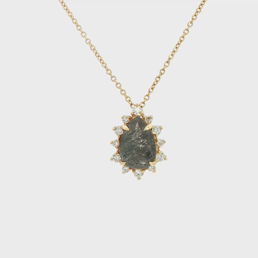 14K Yellow Gold Black And White Rose Cut Diamond 2.97Ct Necklace With Diamond Halo 0.32Ct