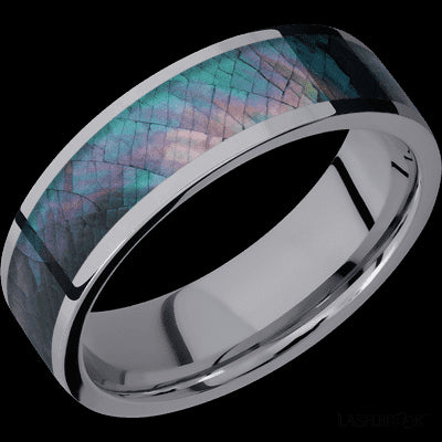 7 mm wide/Flat/Tantalum band with one 5 mm Centered inlay of Black Mother of Pearl.