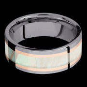 8 mm wide/Flat/Tantalum band featuring inlays of 14K Rose Gold and Freshwater Mother of Pearl.