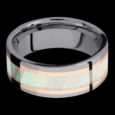 8 mm wide/Flat/Tantalum band featuring inlays of 14K Rose Gold and Freshwater Mother of Pearl.