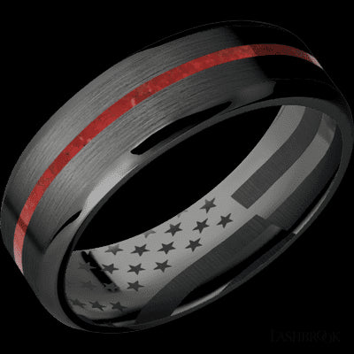 7 mm wide/Beveled/Zirconium band with one 1 mm Centered inlay of Coral.