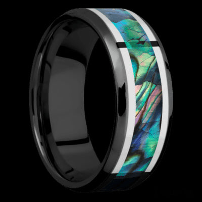 8 mm wide/Beveled/Zirconium band featuring inlays of Palladium Silver and Abalone.