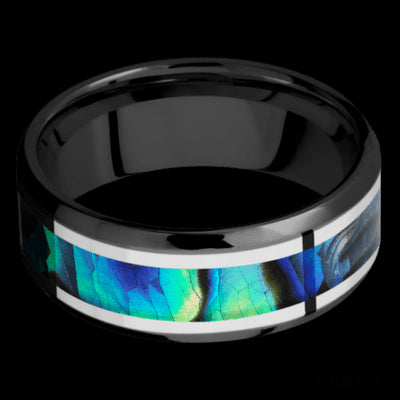 8 mm wide/Beveled/Zirconium band featuring inlays of Palladium Silver and Abalone.