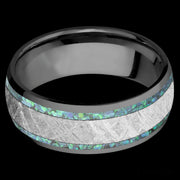 8 mm wide/Domed/Zirconium band featuring inlays of Teal Opal and Meteorite.