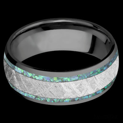 8 mm wide/Domed/Zirconium band featuring inlays of Teal Opal and Meteorite.