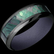 8 mm wide/High Bevel/Zirconium band with one 4 mm Centered inlay of Black Mother of Pearl also featuring a Crushed Orchid sleeve.