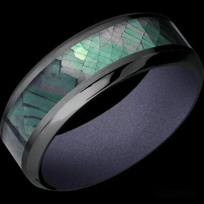 8 mm wide/High Bevel/Zirconium band with one 4 mm Centered inlay of Black Mother of Pearl also featuring a Crushed Orchid sleeve.