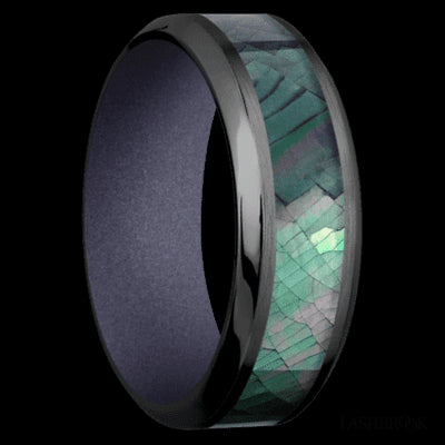 8 mm wide/High Bevel/Zirconium band with one 4 mm Centered inlay of Black Mother of Pearl also featuring a Crushed Orchid sleeve.