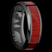 8 mm wide/High Bevel/Zirconium band with one 4 mm Centered inlay of Blood Wood.