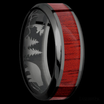 8 mm wide/High Bevel/Zirconium band with one 4 mm Centered inlay of Blood Wood.