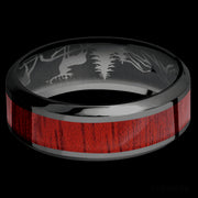 8 mm wide/High Bevel/Zirconium band with one 4 mm Centered inlay of Blood Wood.