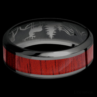 8 mm wide/High Bevel/Zirconium band with one 4 mm Centered inlay of Blood Wood.