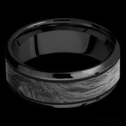8 mm wide/Beveled/Zirconium band with one 5 mm Centered inlay of Forged Carbon Fiber.