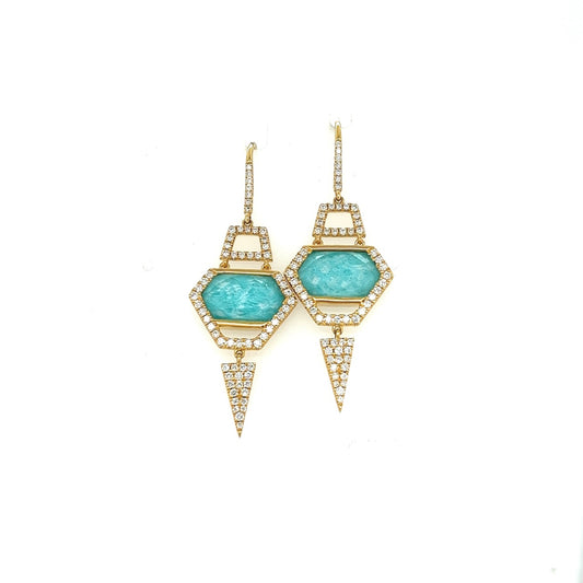 18k yellow gold diamond and amazonite dangle earrings