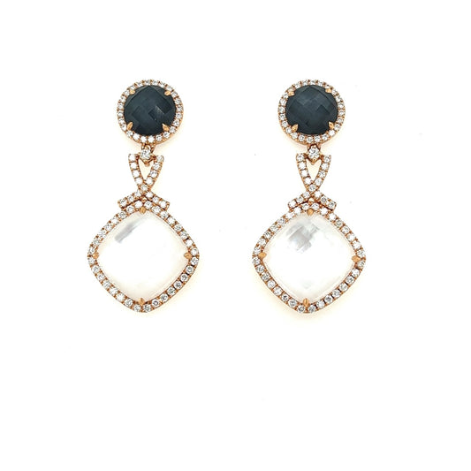 18k rose gold hematitie diamond and mother of pearl dangle earrings
