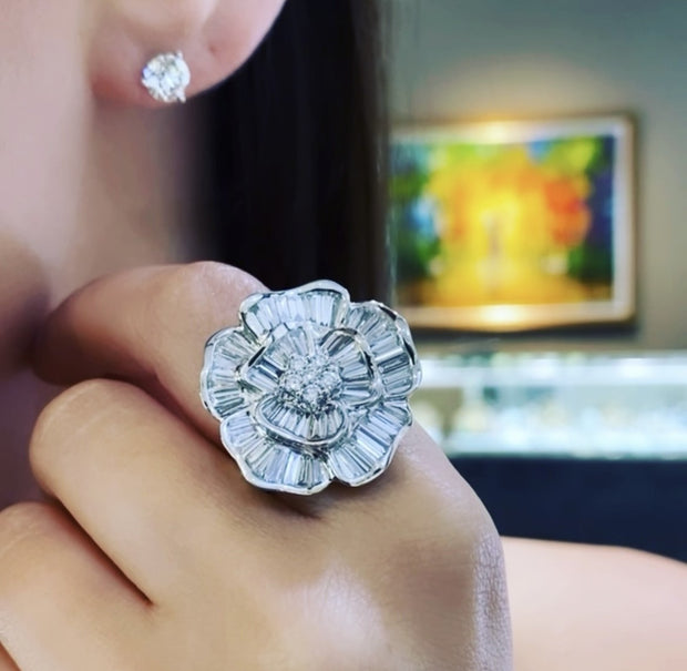 platinum baguette diamond flower ring 4.12ct