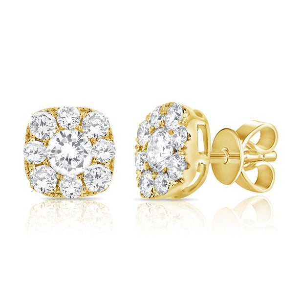14k yellow gold cushion shape diamond cluster studs 1.39ct