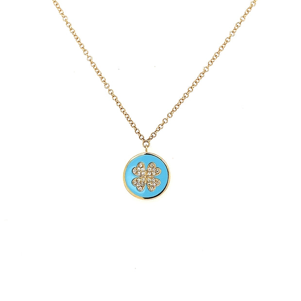 14k yellow gold diamond and turquoise clover pendant 0.05ct