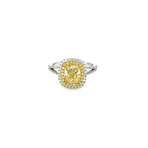 18k white gold fancy yellow diamond double cushion halo ring 2.00ct