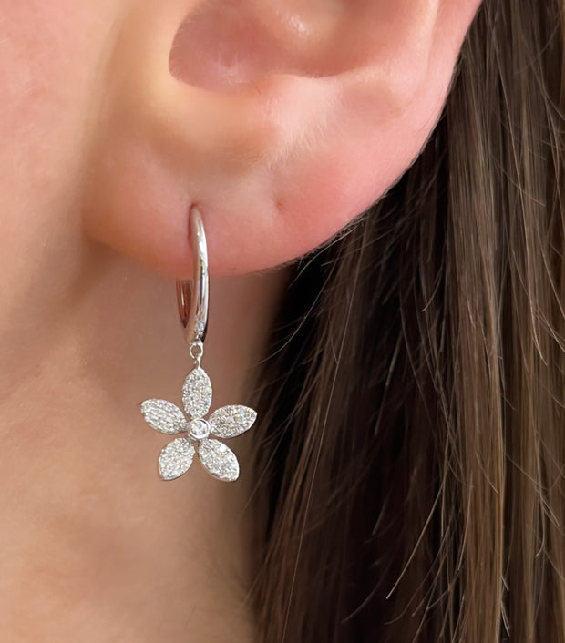 14k white gold diamond flower huggie earrings 0.40ct