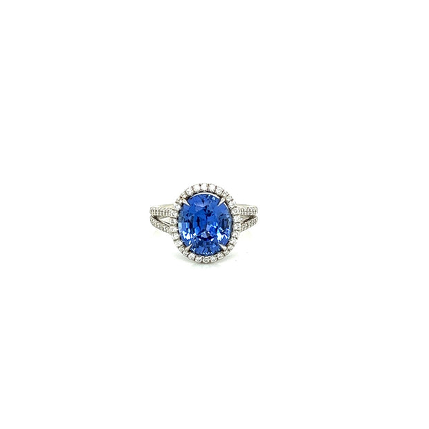 platinum oval ceylon sapphire and diamond split shank ring 4.52ct