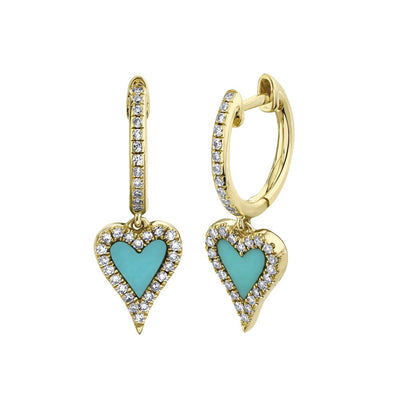 14k yellow gold diamond and turquoise heart drop earrings 0.21ct