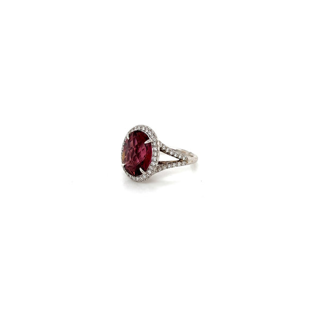 18k white gold diamond split shank pink tourmaline ring