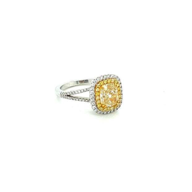 18k white gold fancy yellow diamond double cushion halo ring 2.00ct