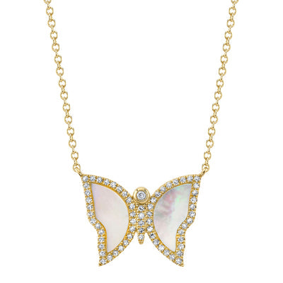 14lk yellow gold diamond and mother of pearl butterfly pendant 0.17ct