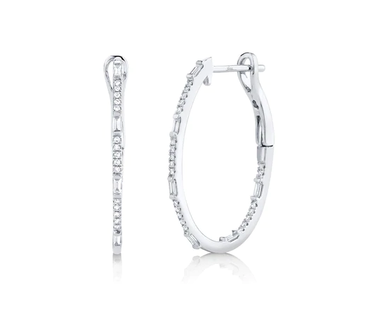 14k white gold round and baguette diamond hoops 0.31ct