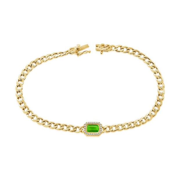 14k yellow gold cuban link emerald and diamond bracelet 0.07ct